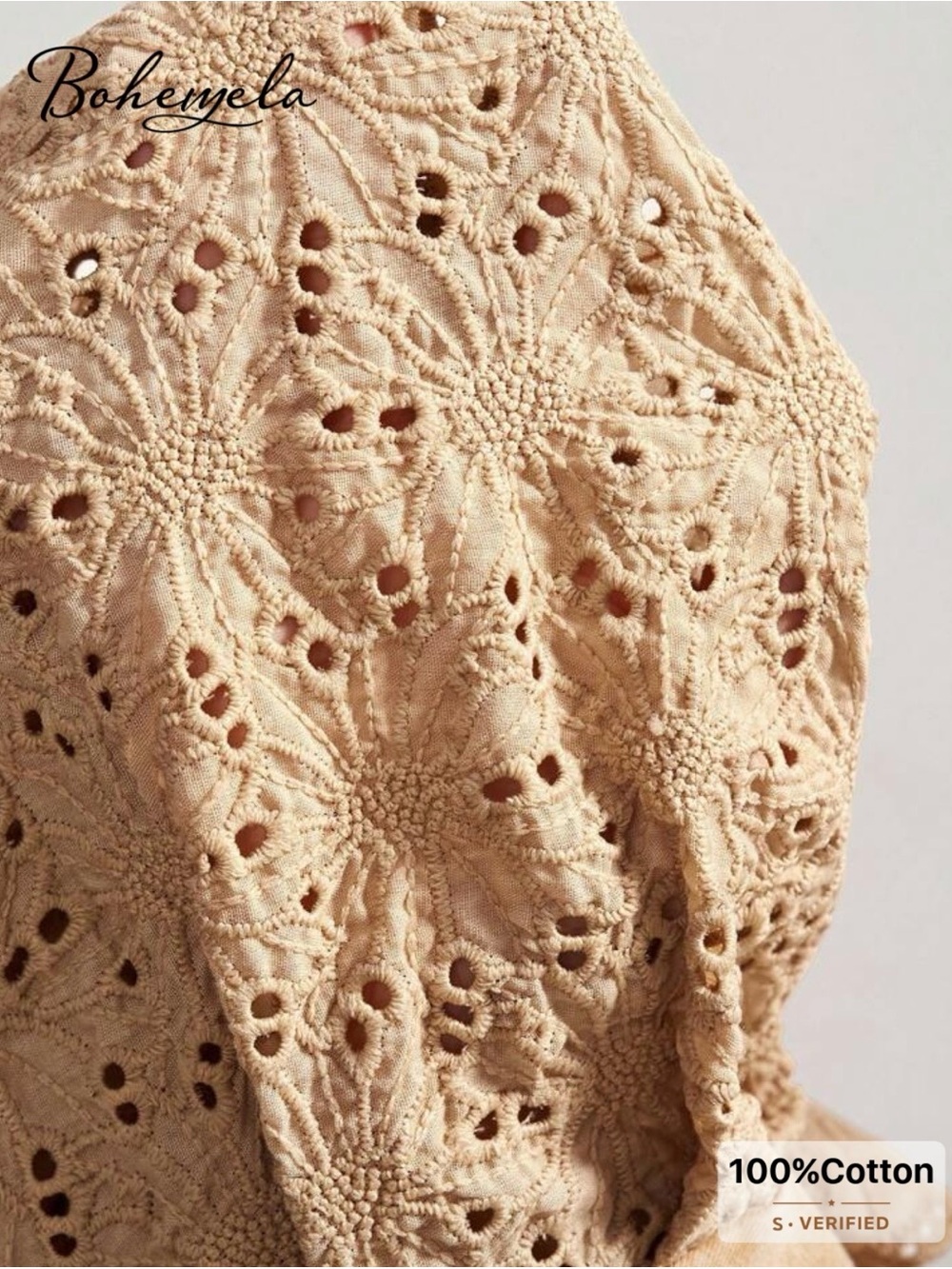 NWOT Bohemela Beige Evil Eye Print Long Sleeve Tee with Eyelet Sleeves, Large - Picture 2 of 16